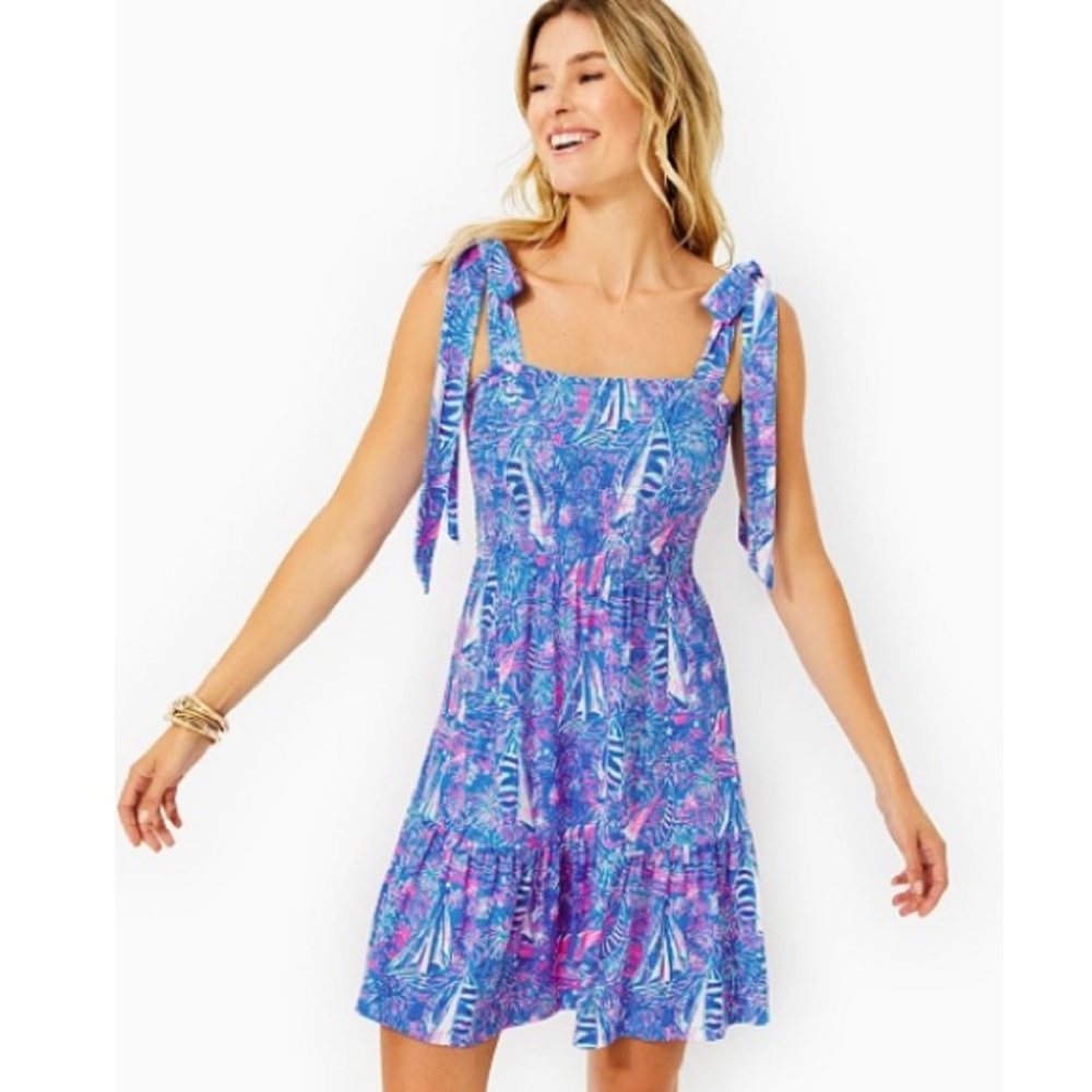 Lilly Pulitzer Blue & Pink Tropical Tie-Shoulder Sundress